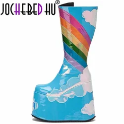 【JOCHEBED HU】The latest Rainbow Heels Women Boots High Platform Mid Boots For Women Sexy Lace Up Party Shoes Woman Boats 33-45