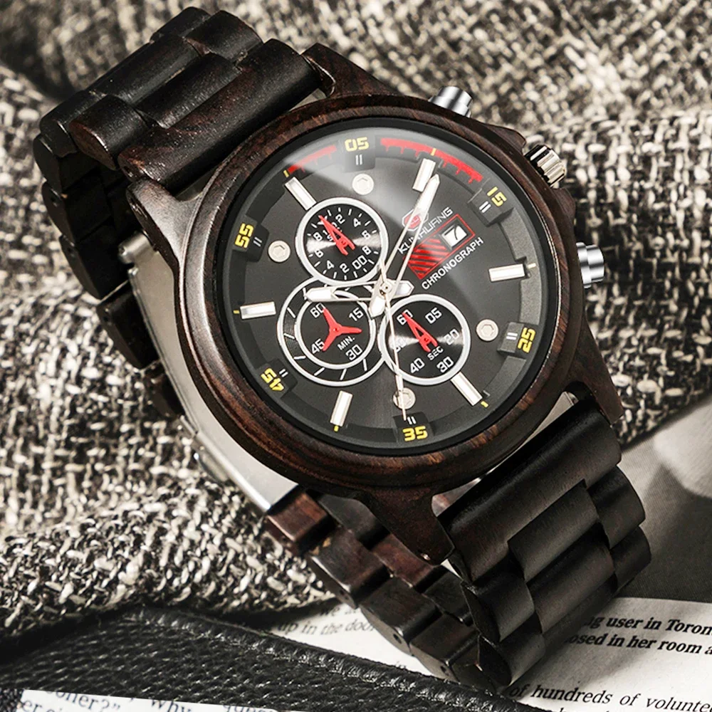 KUNHUANG Men's Wooden Watch Natural Zebra Wood Case Handmade Quartz Movement Chronograph Luxury Analog Wristwatch for Men