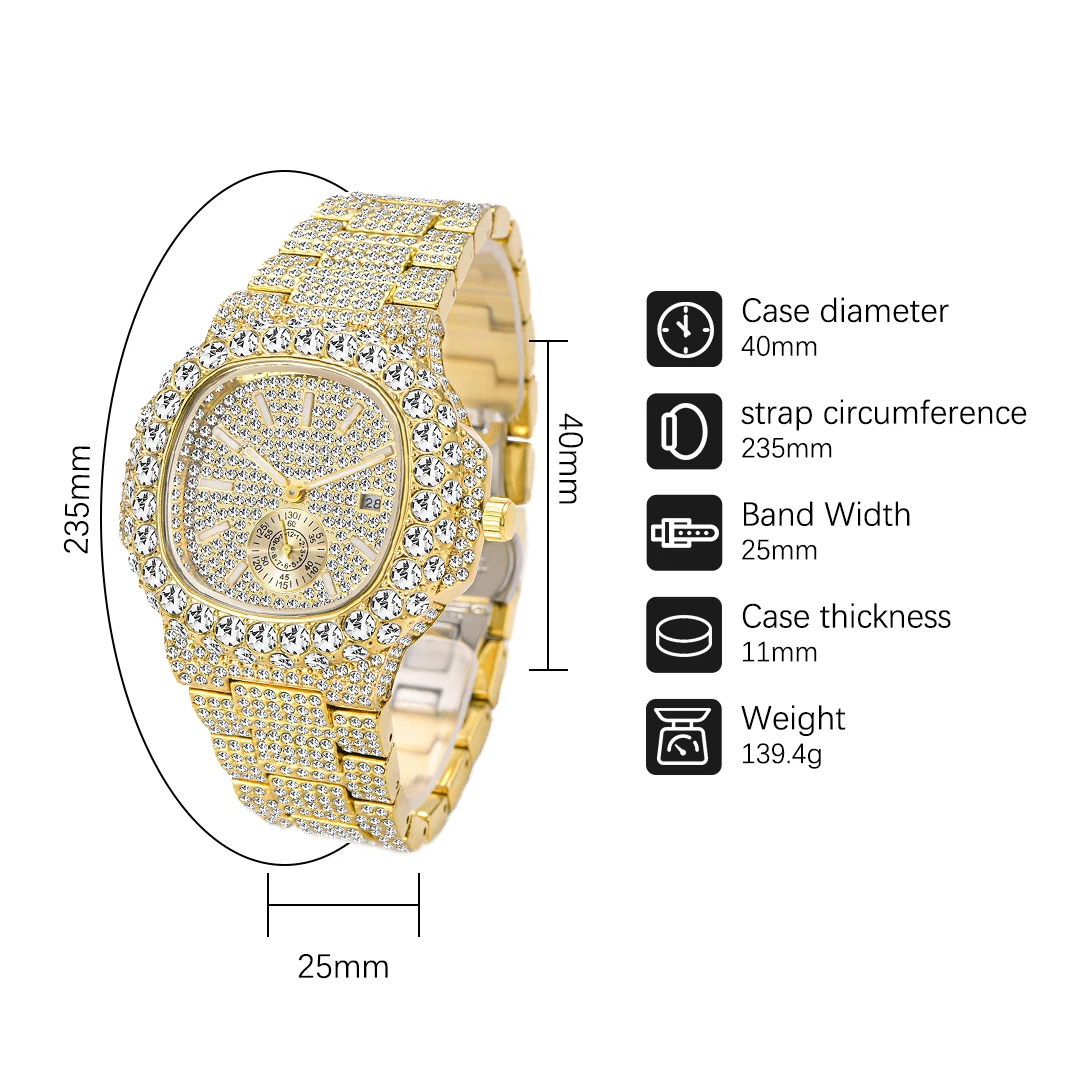 Reloj helado de lujo para Hombre, Reloj de pulsera dorado de acero inoxidable a la moda, joyería ostentosa de diamantes de Hip Hop, Reloj para Hombre