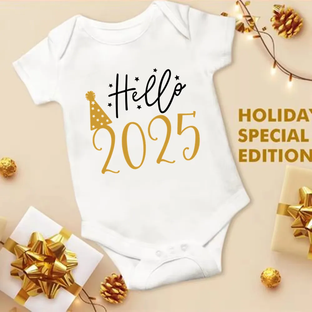 Hello 2025 Newborn Baby Bodysuit Cotton Short Sleeve Infant Rompers Body Baby Boys Girls New Year Ropa Clothes Christmas Gift