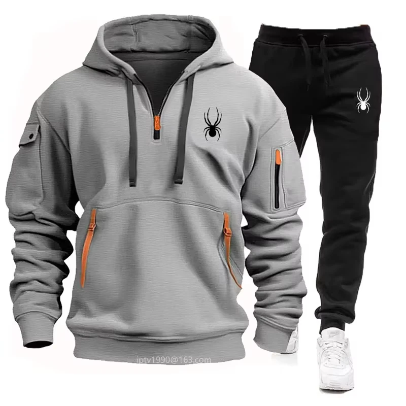 

Men's hot selling high-end multi pocket zipper hooded jogging casual hooded sports set 2025 autumn and winter new item