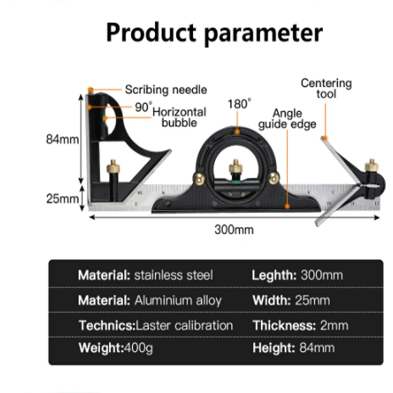 3 In 1 300mm Square Right Angle Ruler Adjustable Measuring Ruler Multi Combination Protractor Tools Woodworking Tools