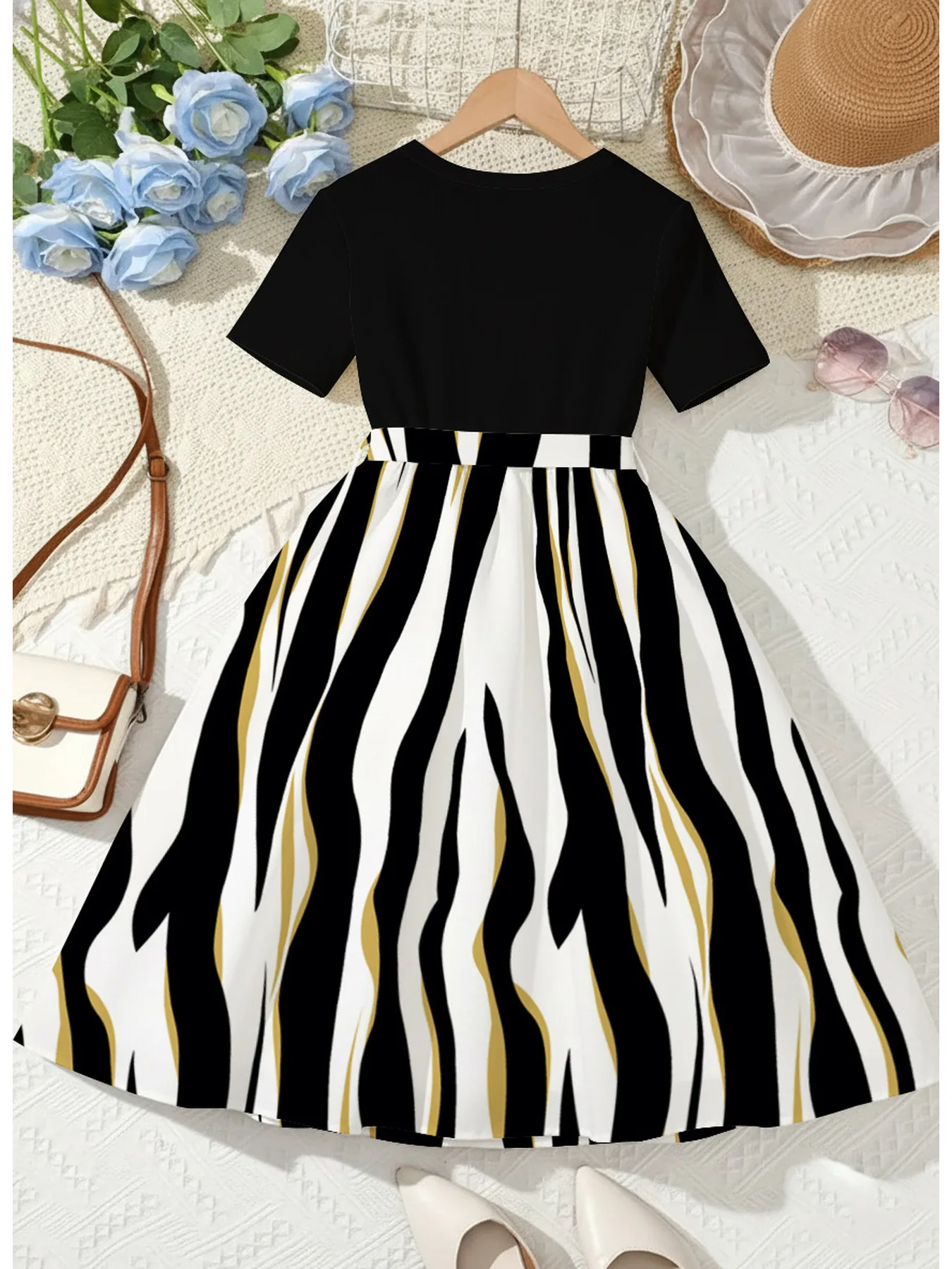 Children's A-Line Skirt Dress Casual Comfortable Elegant round Neck Short Sleeve Thick Stripes Tie Dress for Kids