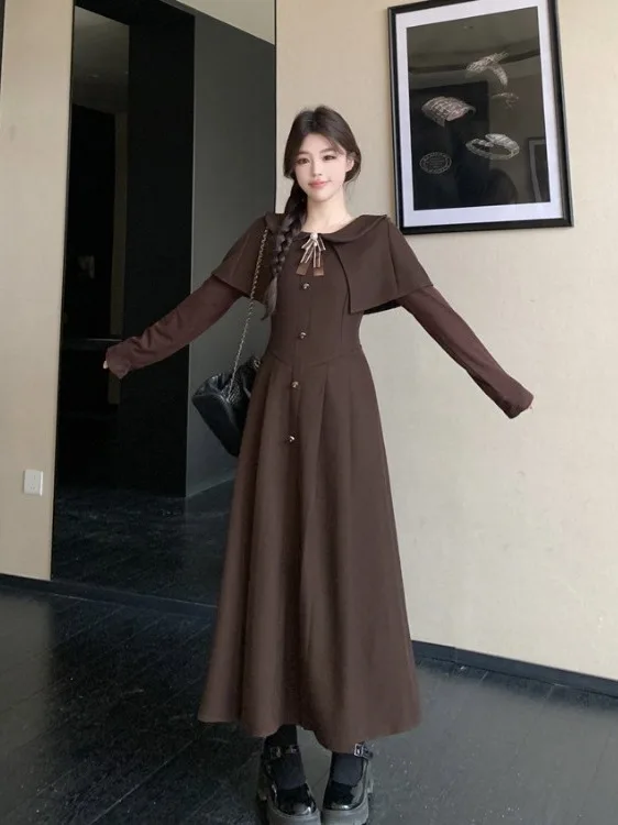 

plus Size Retro Academic Sle Cloak oulder Wrap Dr Women's Autumn Winter New Waist Cinching High-End A-Line Long Dr