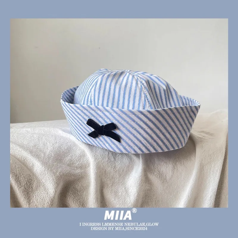 Japanese Sweet Striped Bow Decoration Jk Sailor Hat Spring and Summer Cute Flanged Versatile Dome Beret Cap Casquette Femme