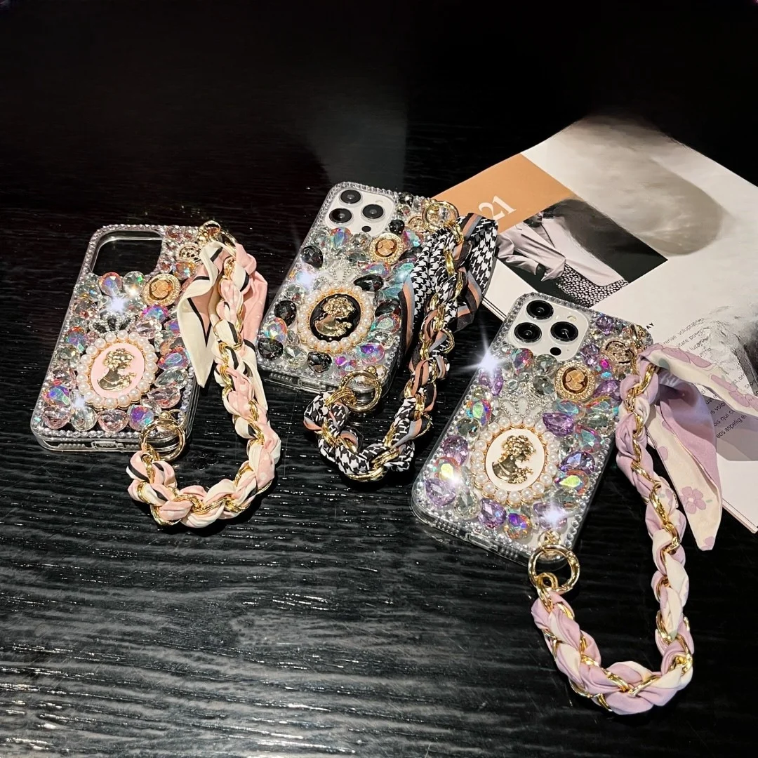 Custodia per telefono di lusso con sciarpa con cordino Diamond Bling per XiaoMi RedMi Note 14 Pro Plus 14S 13 12 Turbo 4G 5G Custodie Cover