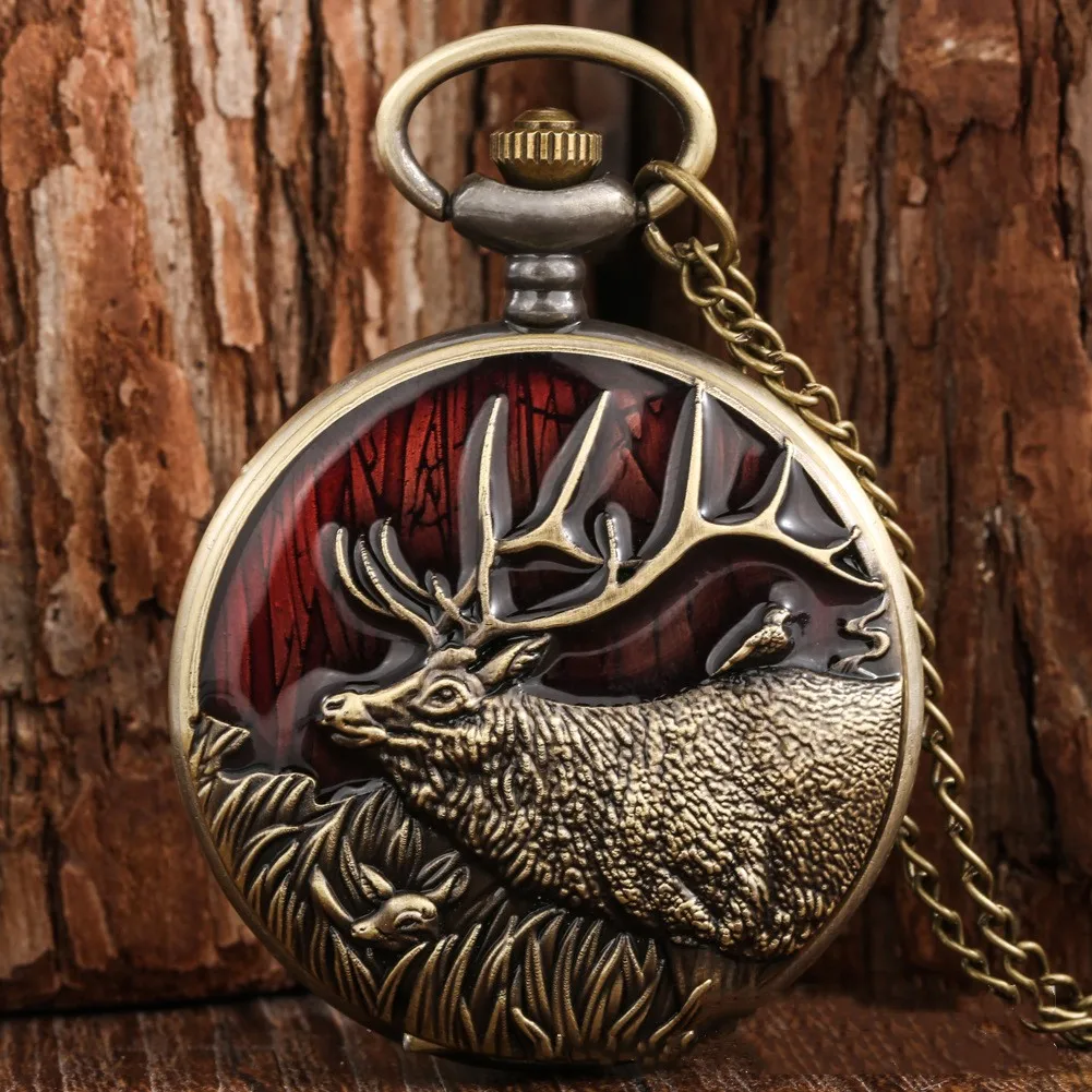 Hot selling bronze retro quartz big pocket watch red dripping glue elk design men and women gift souvenirs