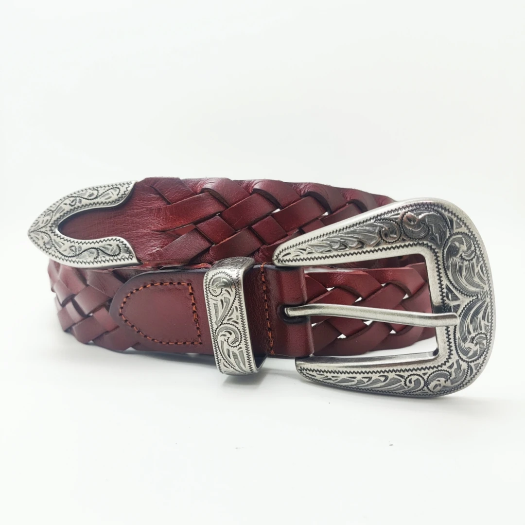 

Retro Genuine Handmade Woven Cowhide Leather Women's Belts Man New Casual Belt Versatile Sliver Buckle Jeans ins Style Belts 3.0