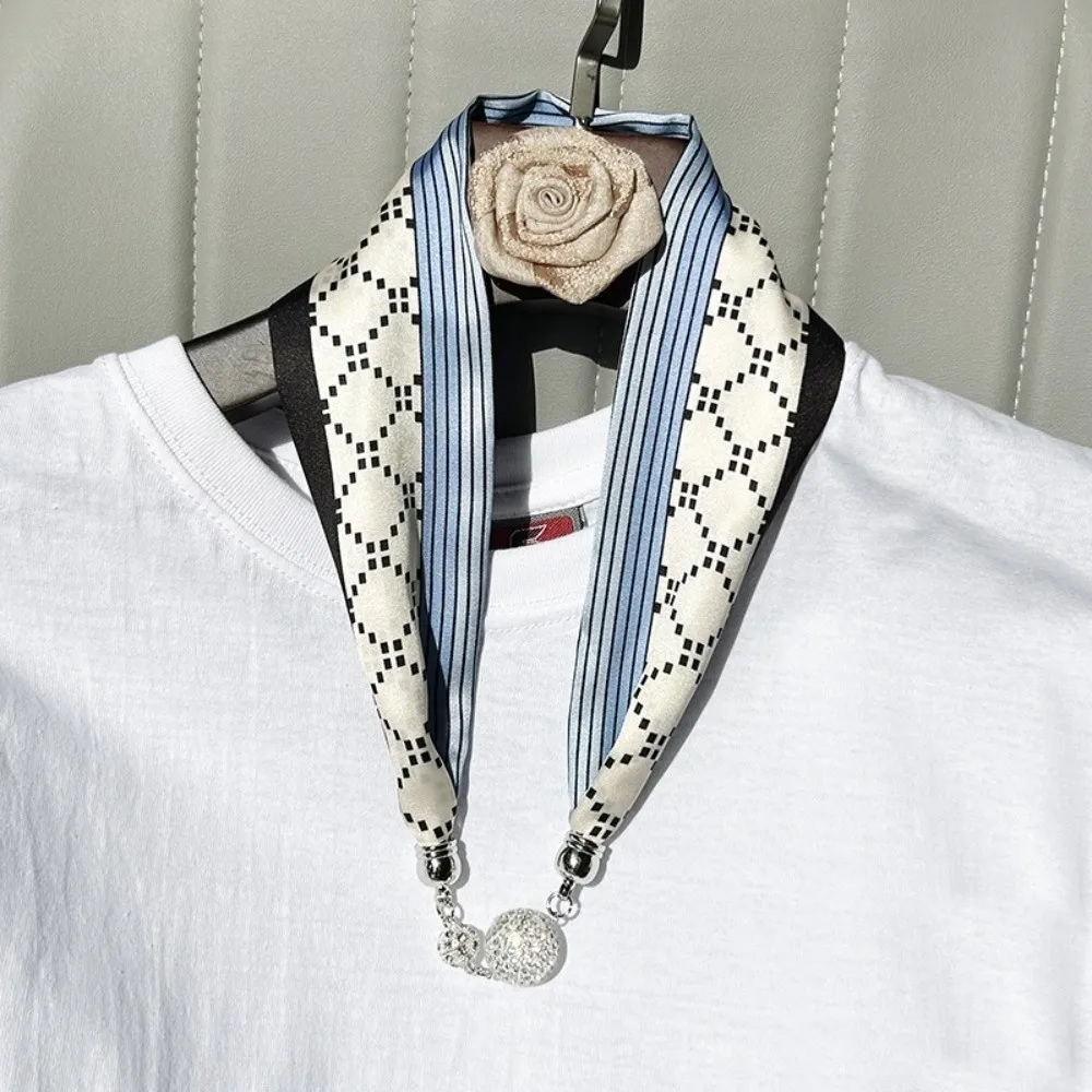 Chinese Pearl Diamond Silk Scarf Korean Retro Magnetic Buckle Scarf Small Strip Clavicle Women's Scarf Chain Effortless Styling