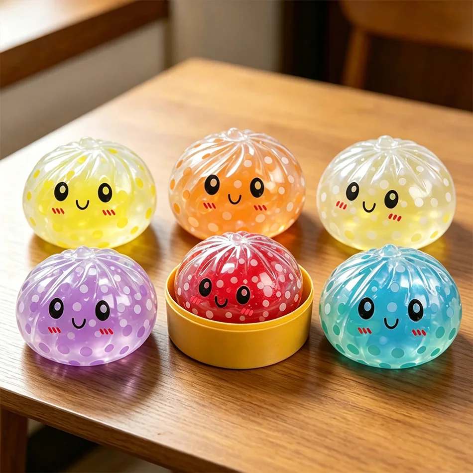 Sugar Edition Bead Dumpling Squishy Fidget Toy – Colorful Bead-Filled Squeeze Stress Relief Toy with Bamboo Steamer Case