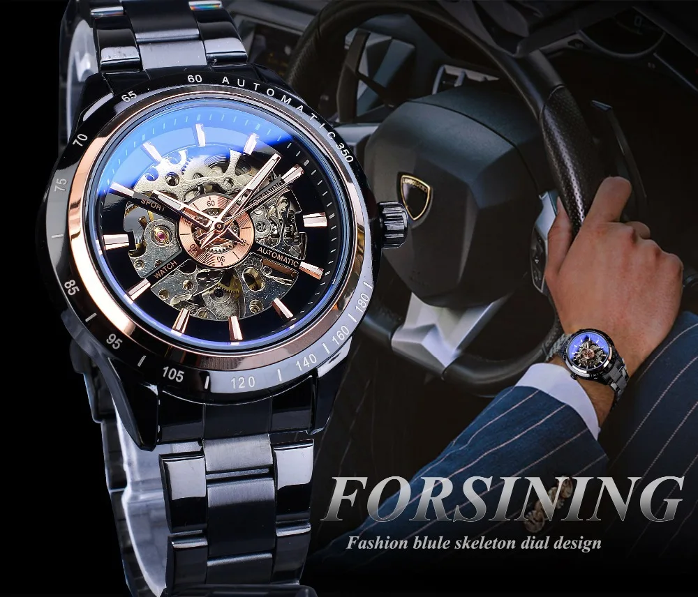 Fashion Forsining Top Brand Full Stainless Steel Men\'s Casual Waterproof Blue Glass Automatic Mechanical Business Wrist Watches