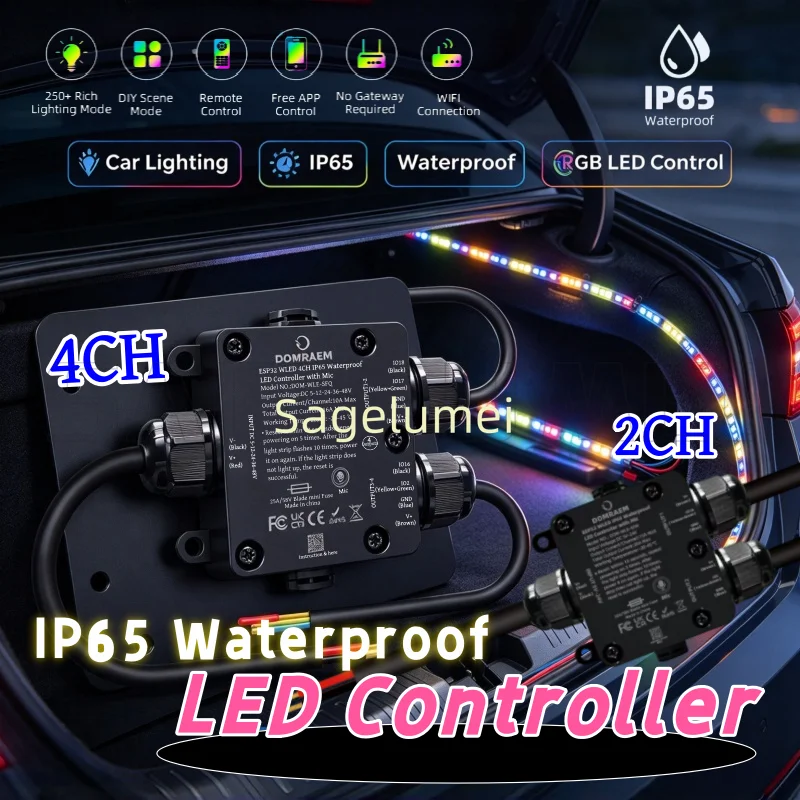 New IP65 Waterproof DOMRAEM ESP32 2CH/4CH WLED LED Controller Outdoor Use Fuse Music Sync Supports 20A WS281X SK6812 APA102 IC