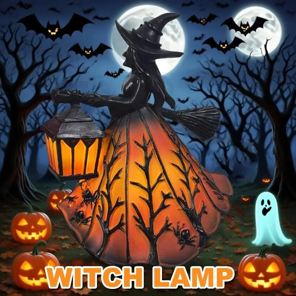 16cm Halloween Witch Lamp Scary Holding Lantern Broomstick Witch Statues Funny Unique Halloween Witch Ornament Halloween Party