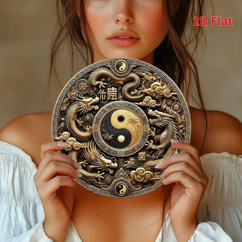 2D Flat, 1pc Yin Yang Dragon Wall Plaque - Chinese Good Luck Feng Shui Metal Decor Suitable for Home, Bedroom, Meditation Spaces