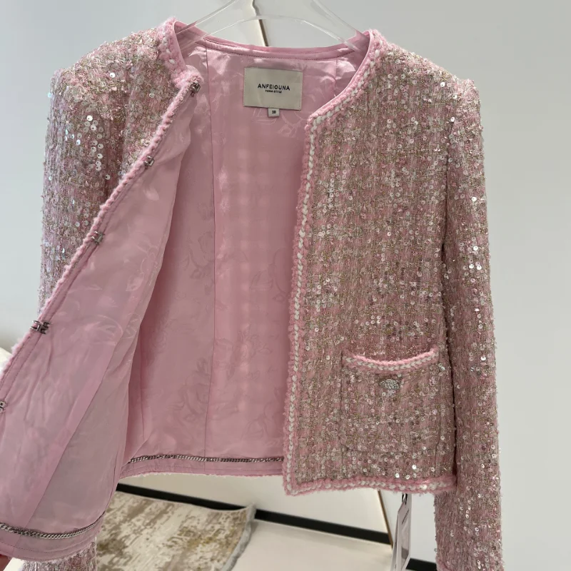 Pink Shiny French Small Fragrance Lady Coat Sequined O Neck Long Sleeve High Quality Sweet Casual Loose Chic Tweed Women's Coat