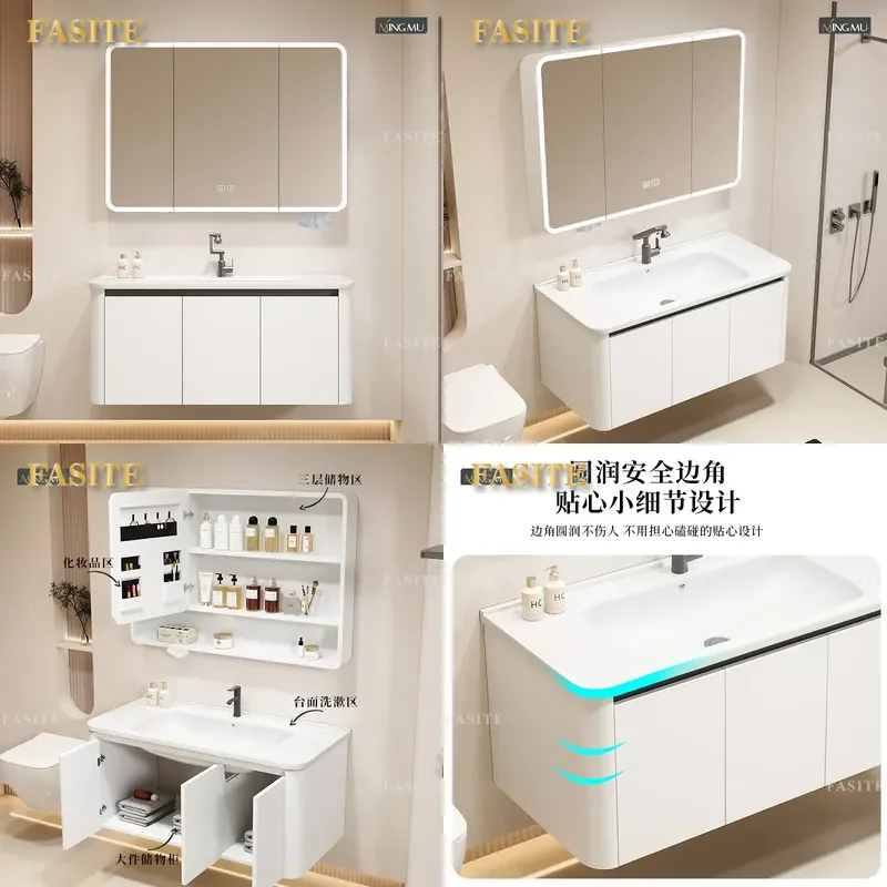For Bathroom Rounded Corner Ceramic Integrated Wash Basin Mirror Cabinet Light Luxury Hotel Wholesale Furniture