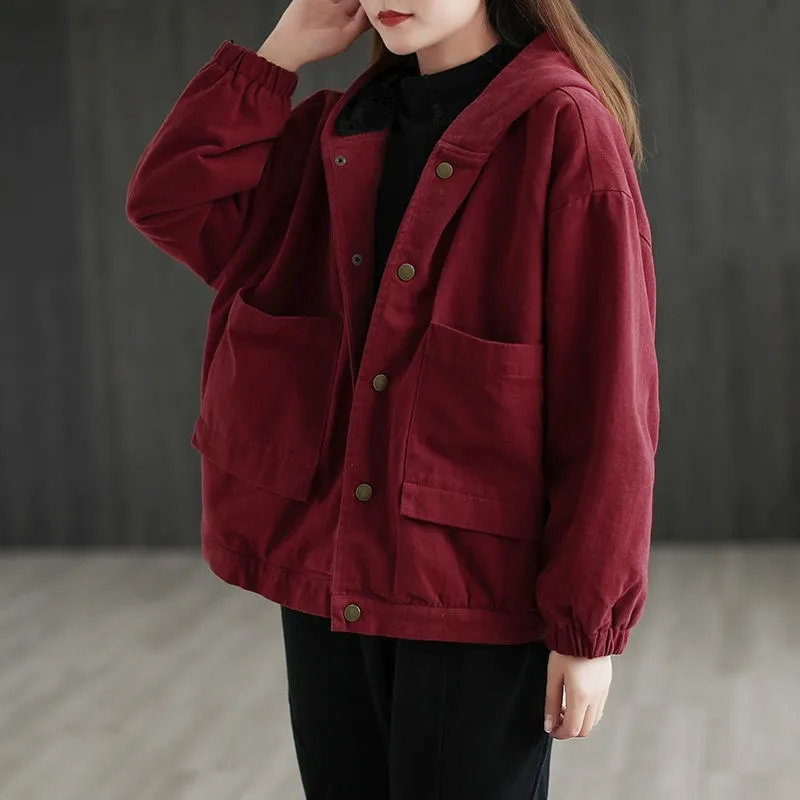 Jaqueta acolchoada de algodão quente feminina, parka acolchoada com capuz, tops soltos de manga longa, roupa casual vintage, inverno, 2023