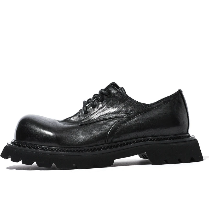 Retro Washed Horsehide Black Derby Shoes for Men's Dress Shoes Hand-sewn Horse Skin Breathable Commuting Casual Leather Shoes