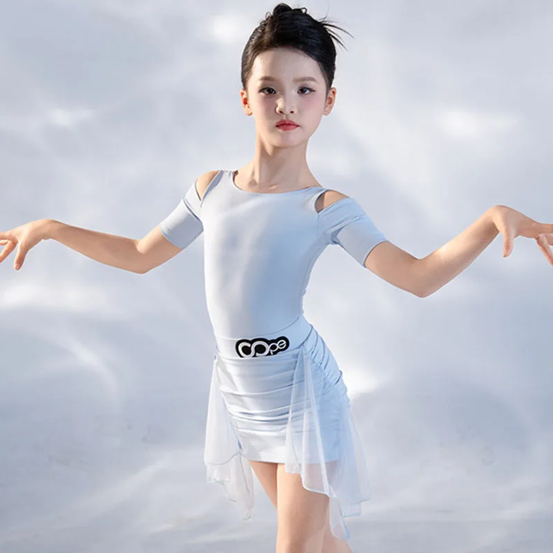 

Синий костюм для латиноамериканских танцев 2026: комплект для выступлений и тренировок для девочек, боди с коротким рукавом, облегающая юбка, одежда для танцовщиц AMY3343