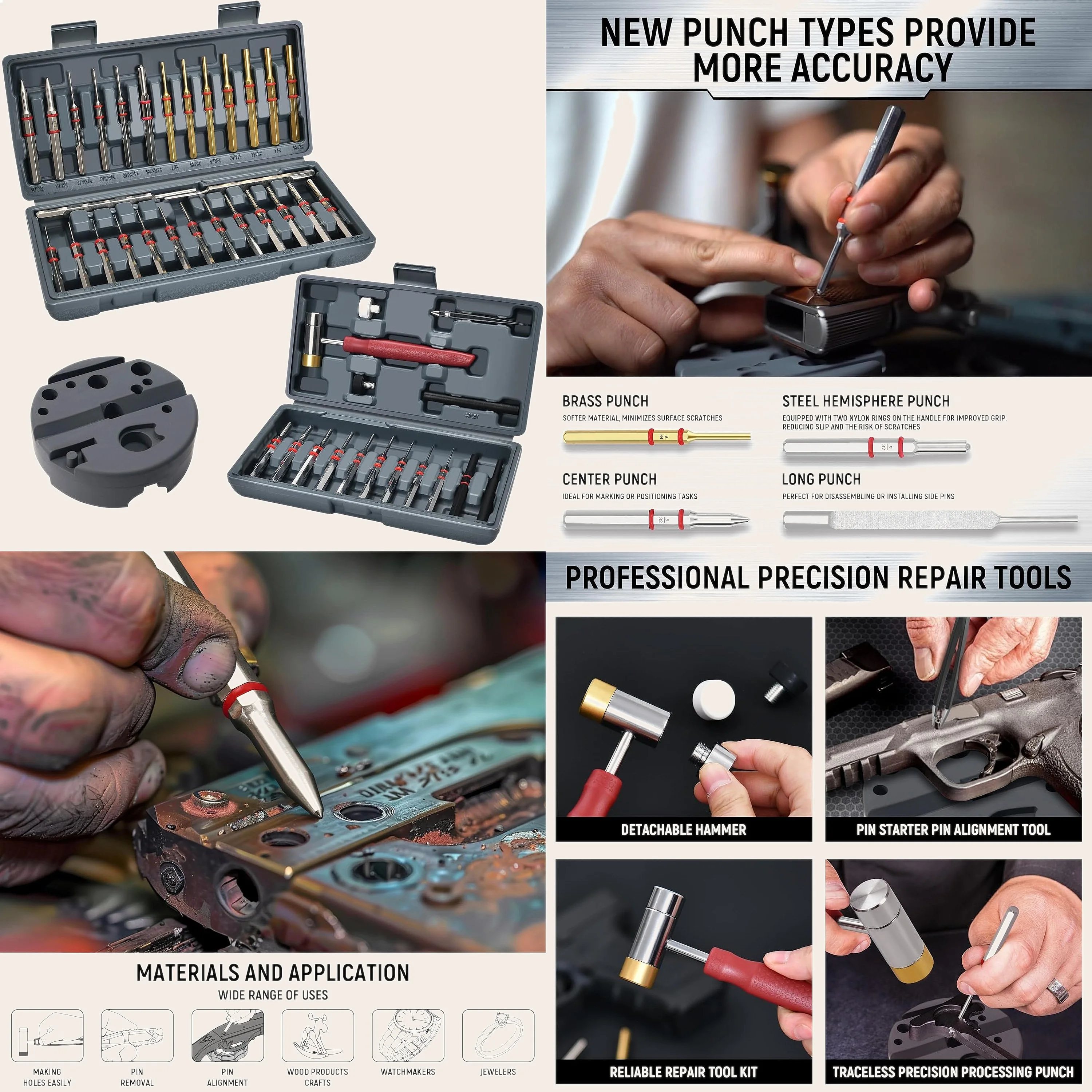 40-Piece Steel & Brass Pin Punch Set with Hammer & Bench Block for Mechanical Repair