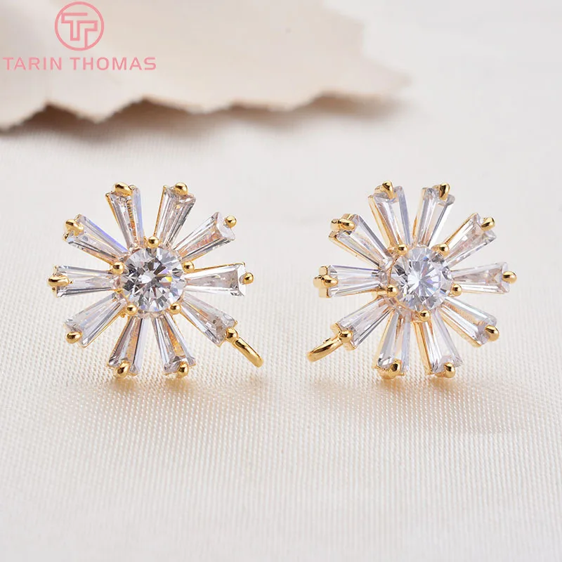 (2529)4PCS 12x15MM 24K Gold Color Brass with Zircon Flower Stud Earrings High Quality Diy Jewelry Findings Accessories