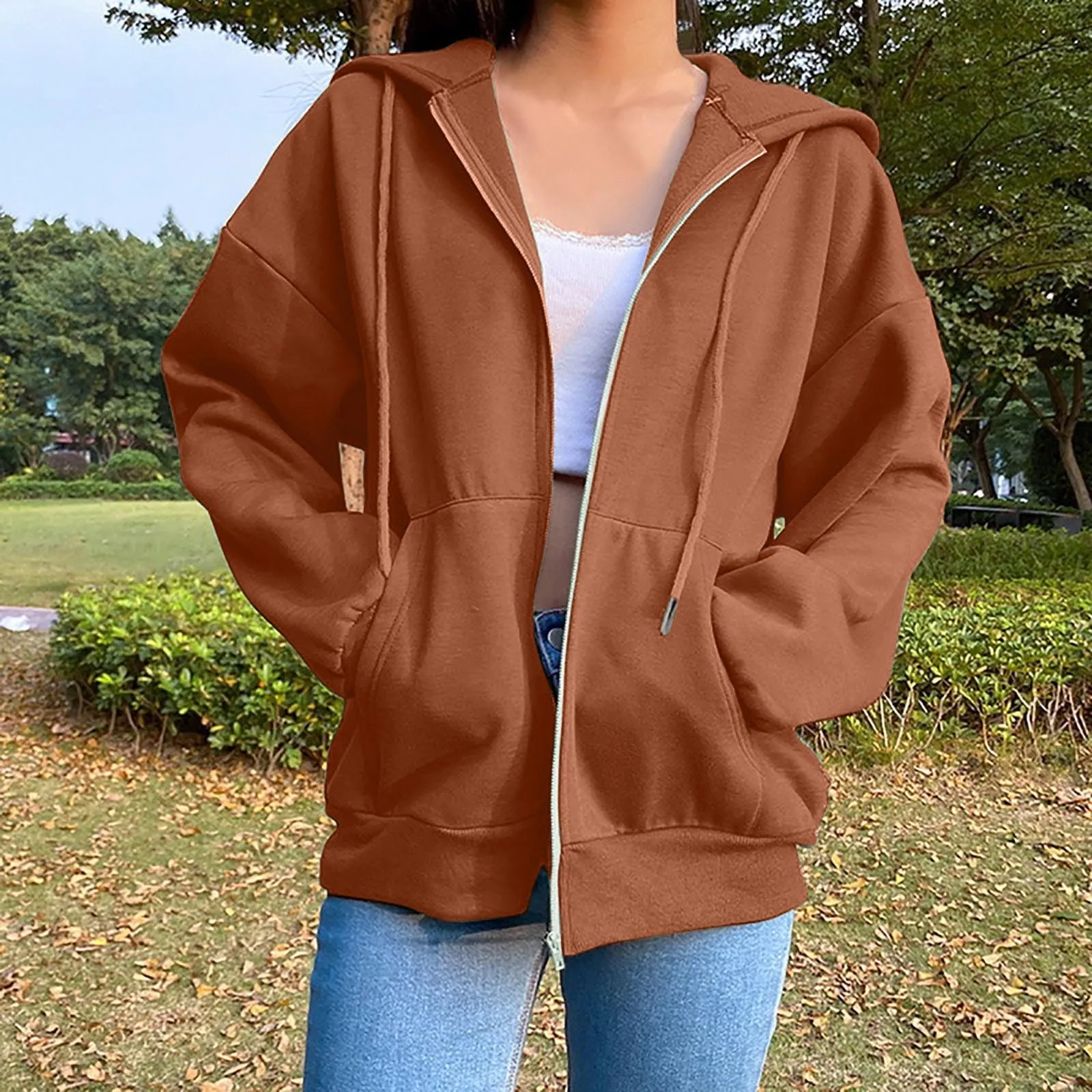 

Ladies Solid Color Casual Cardigan Hoodie Beautiful Fashion Casual Coat Long Sleeve Drawstring Hooded Double Pocket Sweatshirt