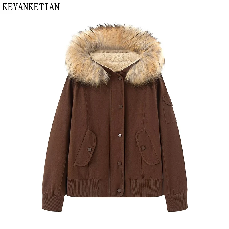 

KEYANKETIAN Winter New Women's Clothing Detachable Fur Collar Hooded Pocket Decoration Fleece Warm Short Jacket Women Coat