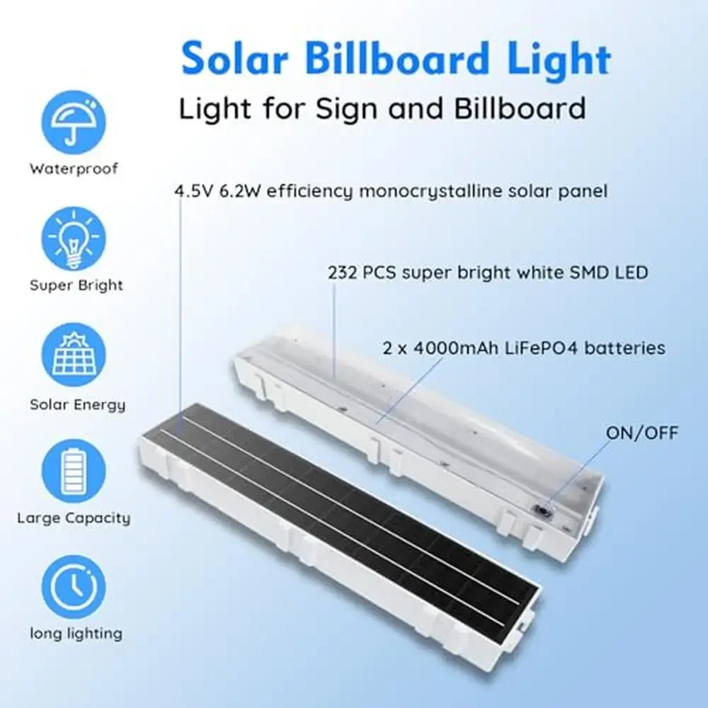 Solar Sign Lights Outdoor 232 LED Solar Billboard Light 1200 Lumen 8000 mAh Business Real Estate Bus Stop HOA Advertising