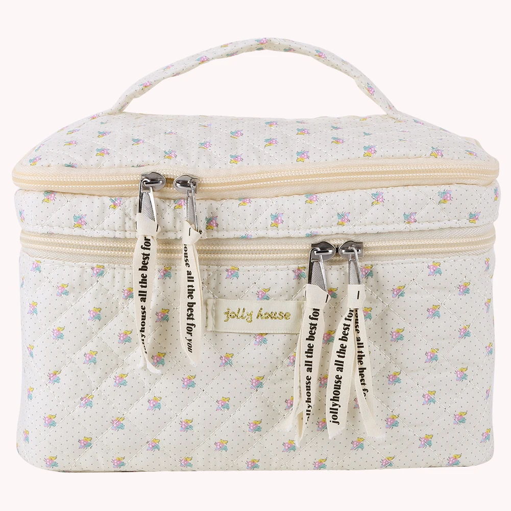 

Double Layer Quilted Makeup Bag Large Capacity Cotton with Compartments Floral Zipper Closure for Toiletries Accessories Brushes