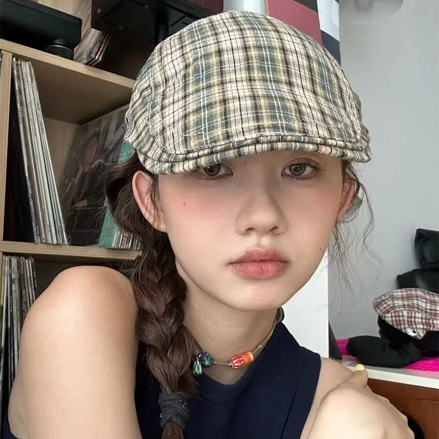 Y2K Casual Plaid Berets Hats for Women Men Summer Herringbone Newsboy Cap Vintage Flat Ivy Hat Thin Golf Driving Gorras Hombre