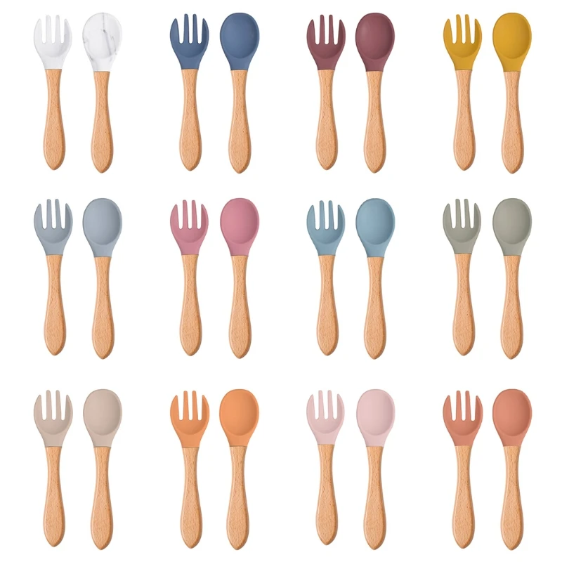 

2Pcs Fork Set Food Grade Silicone Tips Baby Feeding Training Spoon and with Wooden Handle Toddlers Infant Eat Independently Acce