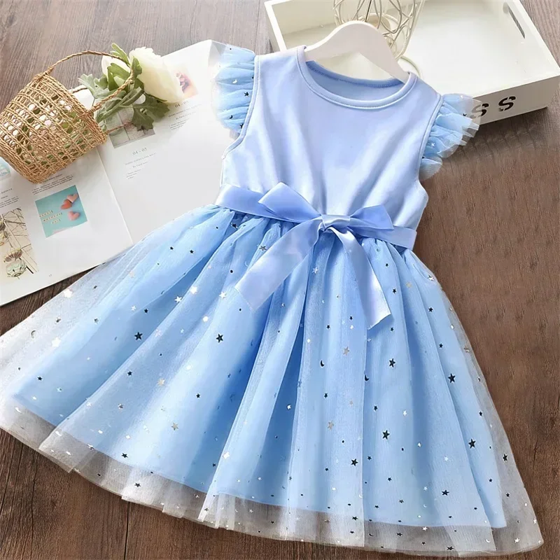 

Cute Girls Summer Flying Sleeve Bow Sequin Dress Kids Birthday Party Pink Fluffy A-line Princess Dress 2-6Yrs Baby Girls Clothes