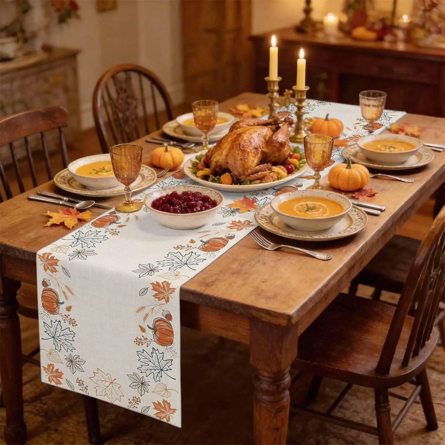 Fall Harvest Pumpkin Maple Leaves Linen Table Runner Holiday Party Decor Washable Kitchen Dining Table Runner Autumn Decorations