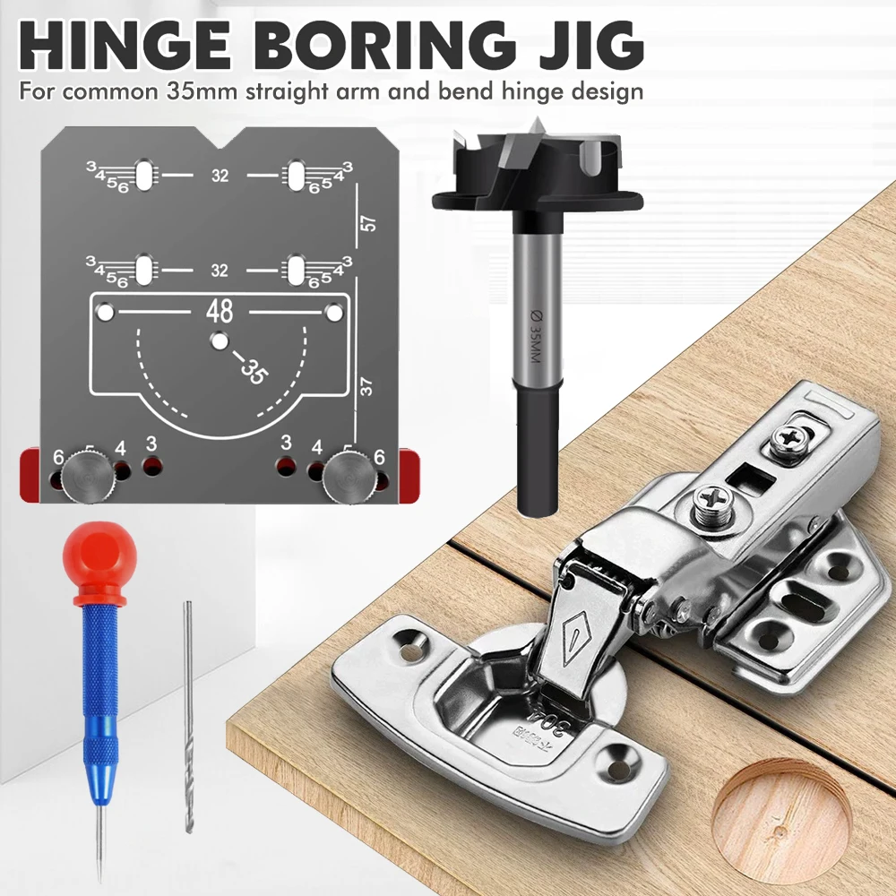 35mm Hinge Boring Jig Kit Drilling Guide Locator with Forstner Bit Punch Bit Woodworking Template for Cabinet Hinge