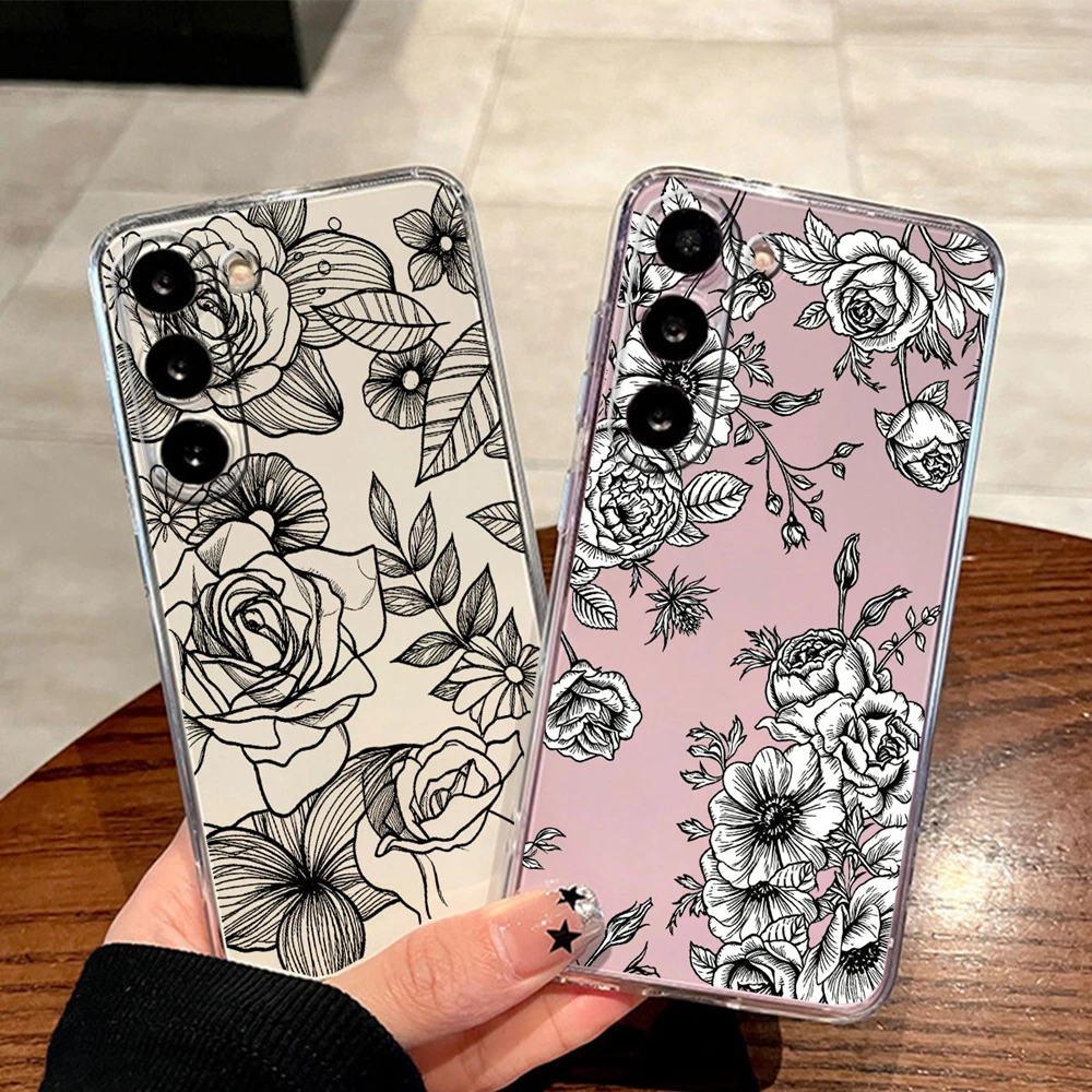 Black Lace Pattern Rose Flower Elegant Romantic Phone Case For Samsung Galaxy S23 Ultra S22 S21 FE Plus Anti-drop Silicone Cover