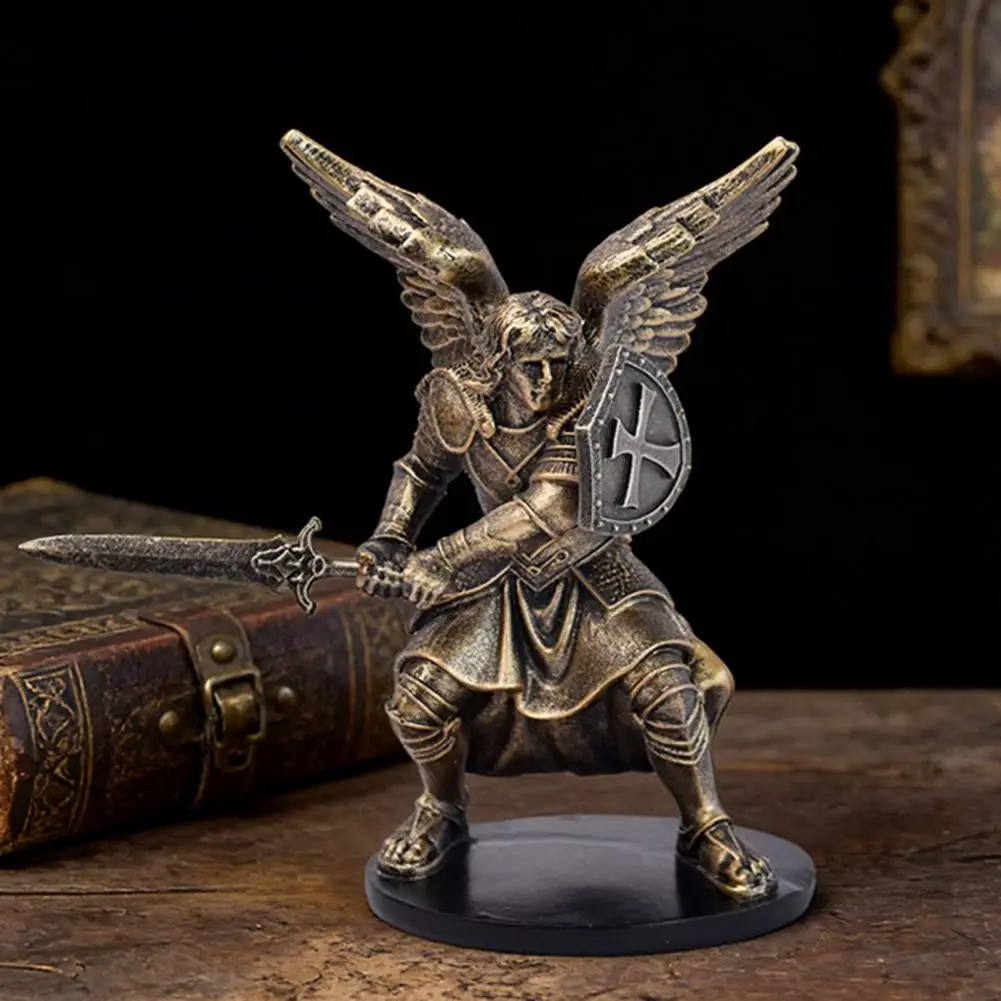 Angel Resin Ornament Winged Battle Angel Statue Angel Resin Statue Winged Soldier Figurine with Weapons Retro Bronze for Office