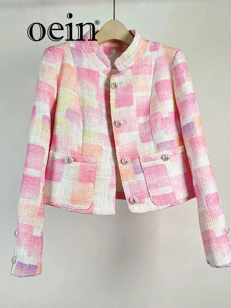 

[oein] Autumn Plaid Small Fragrant Style Coarse Woolen Coat Temperament Socialite High-end Feeling Pink Versatile Patchwork Top