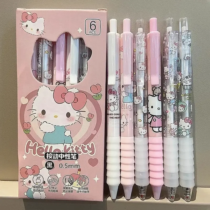 

Набор из 6 гелевых ручек Hello Kitty, лимитированная серия, высокое качество, мультяшная серия, черные, 0,5 мм, для студентов/офиса, повседневные канцелярские принадлежности