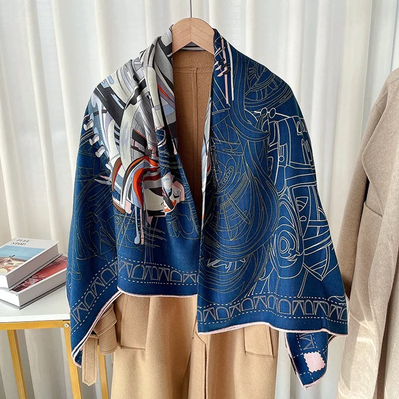 

Horse Printed Wool Blanket Scarf Shawl Cape 2024 Spring Womens Wool Scarves Foulard Echarpe 130x130cm