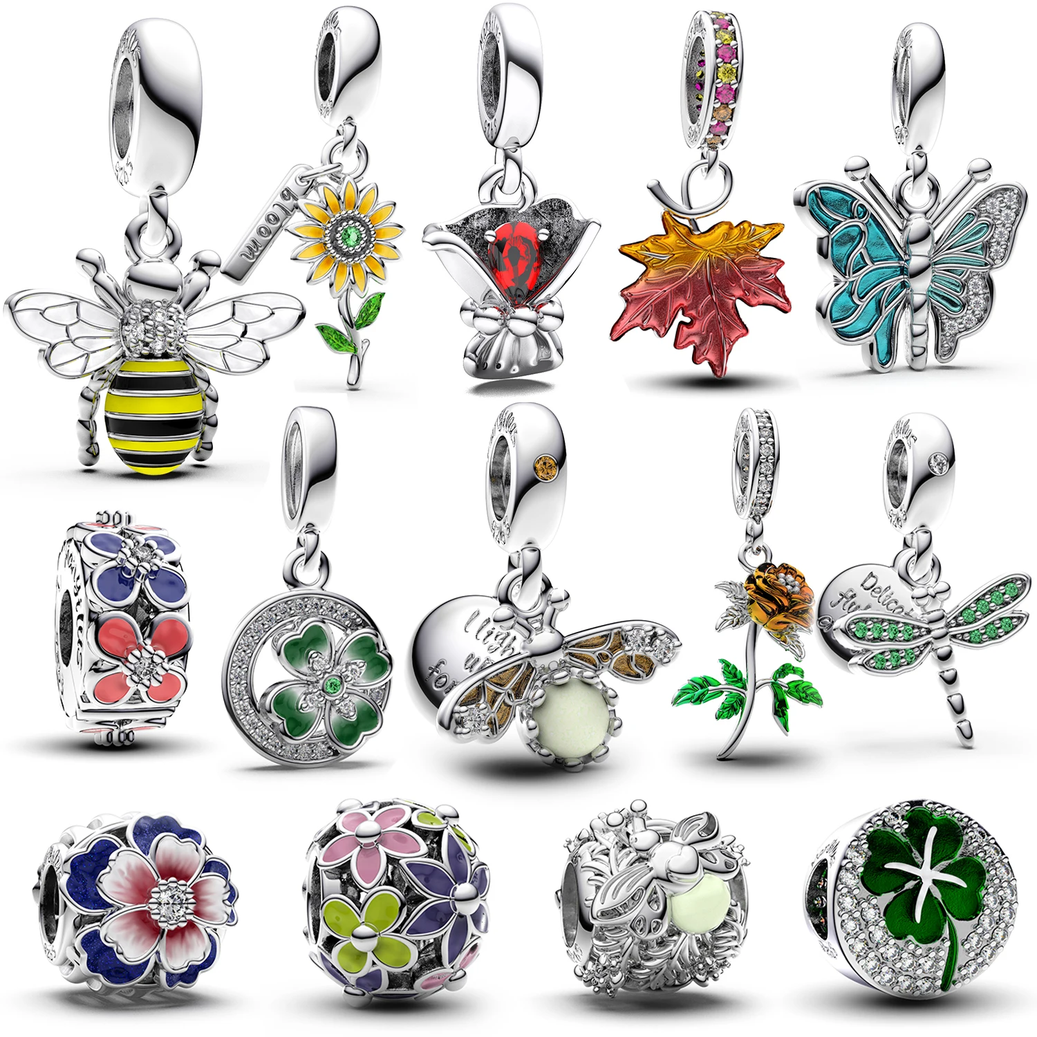 

925 Sterling Silver Insect Flower Plant Charm Bead & Pendant Enamel Multi Color Fit Original Bracelet & Necklace Nature Jewelry