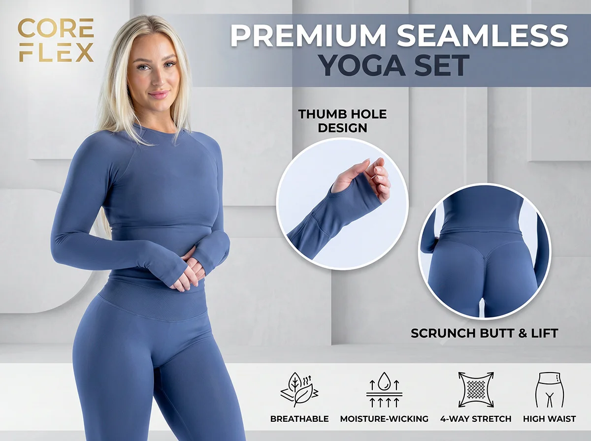 Denyf European Seamless Knit Workout Set Women Quick Dry Long Sleeve Pants Butt Lifting Slim Fit Yoga Outfit Gym Fitness Running