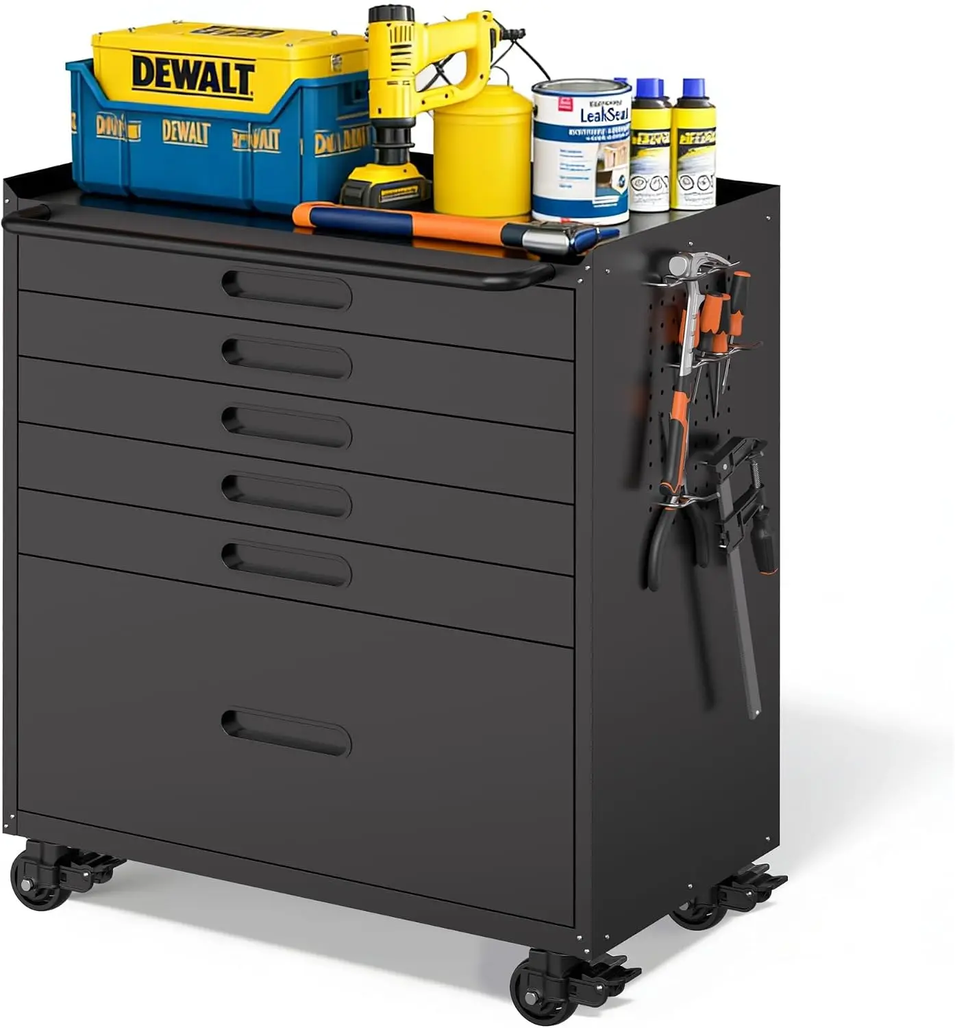 Metal Storage Cabinet for Garage, Tool Cabinet, Utility Cabinet | Wheeled, Rolling Tool Cabinet, 6 Drawers, Top Countertop, Pegb