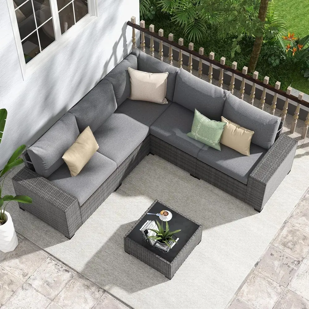 

Gray L-Shaped Rattan Outdoor Patio Furniture Set with Cushions and Coffee Table