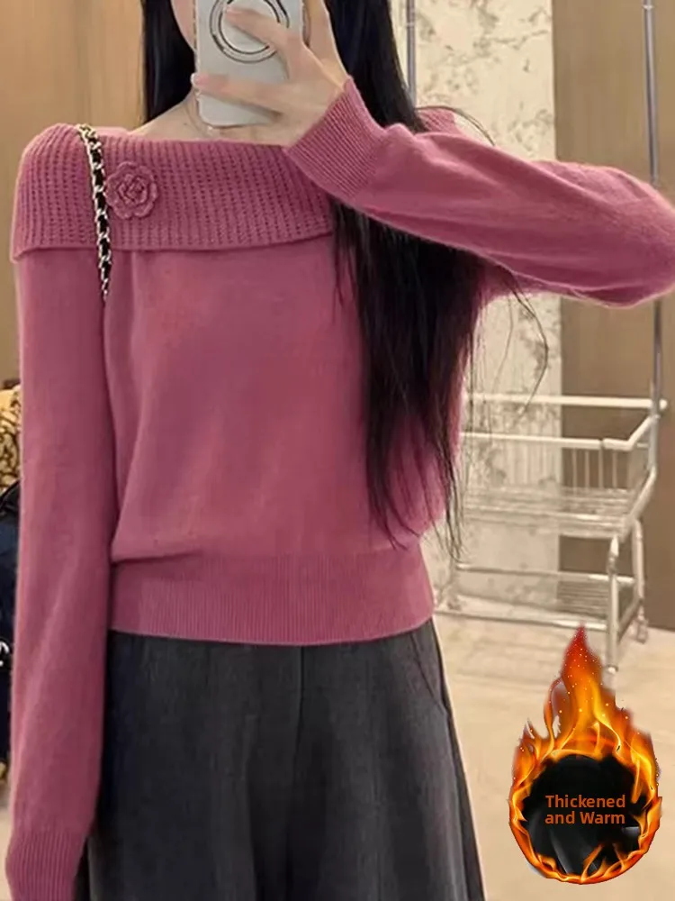 

Потрясающая розовая вязаная кофта на одно плечо с цветочным узором, больших размеров, женская повседневная модная верхняя одежда для весны и осени