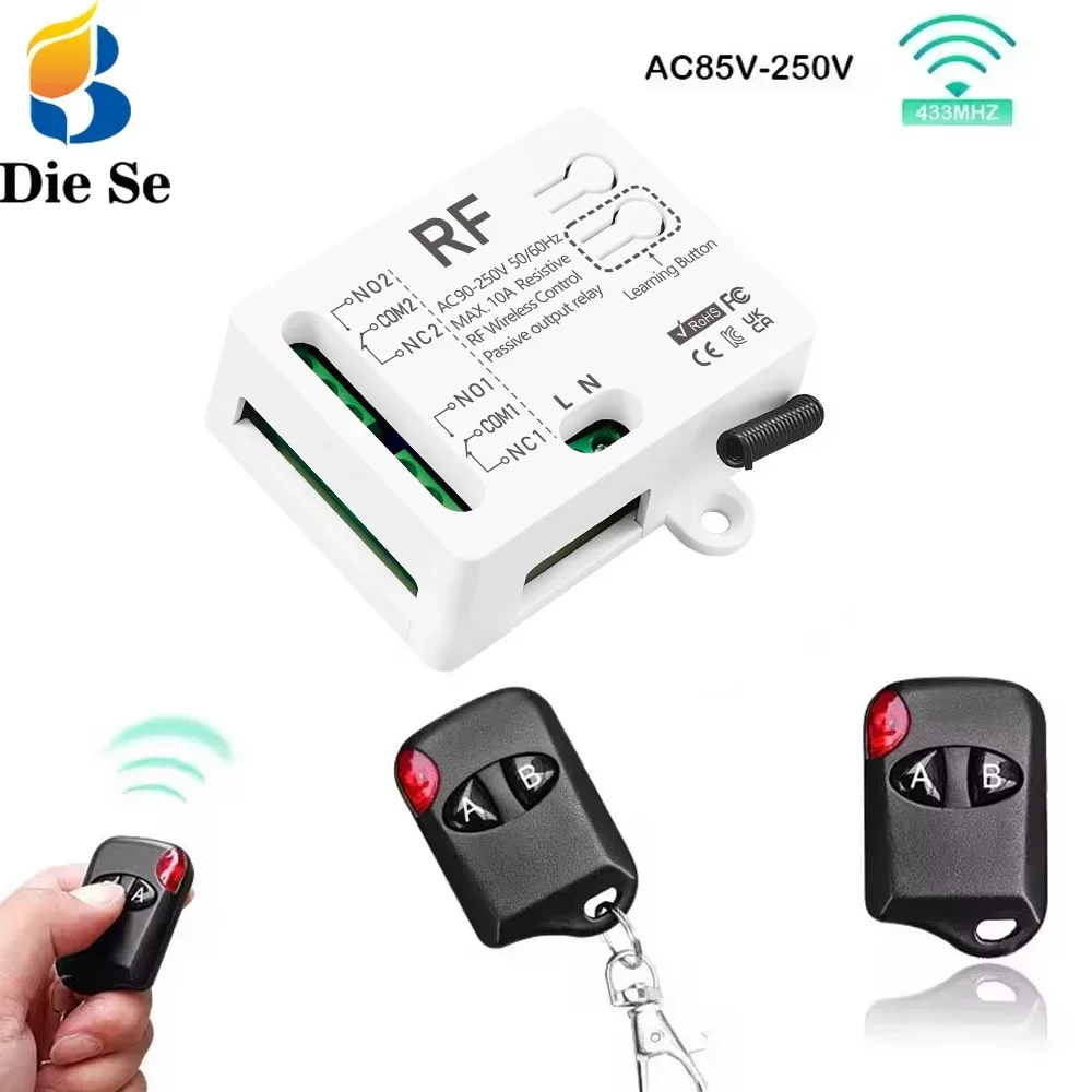 Diese Universal RF 433Mhz Wireless Remote Control Switch AC 110V 220V 2CH 10A Relay Receiver for Lights Gate Garage Door Control