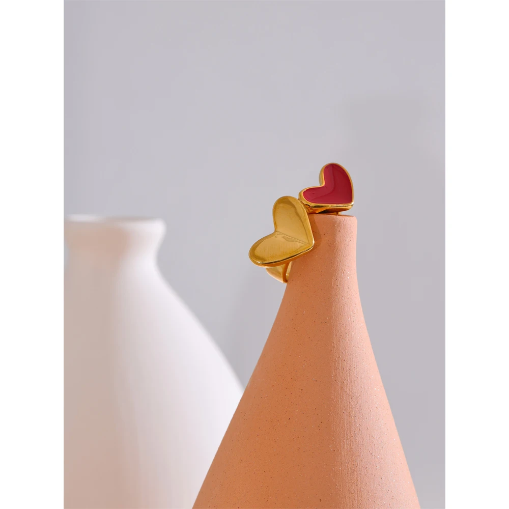 Yhpup 678# Stainless Steel Red Enamel Heart Stylish Ring 18K Gold Color Plated Romantic Valentine\'s Day Gift Smooth Jewelry