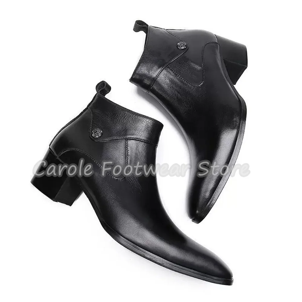 Vintage Square Toe Genuine Leather Ankle Boots Male High Top Chunky Heel Chelsea Boots Side Zipper Height-Increased Short Boots - view 4