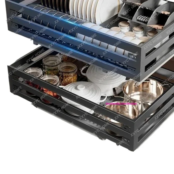 Household 304 Stainless Steel Kitchen Basket Drawer Damping Double Layered Storage Rack