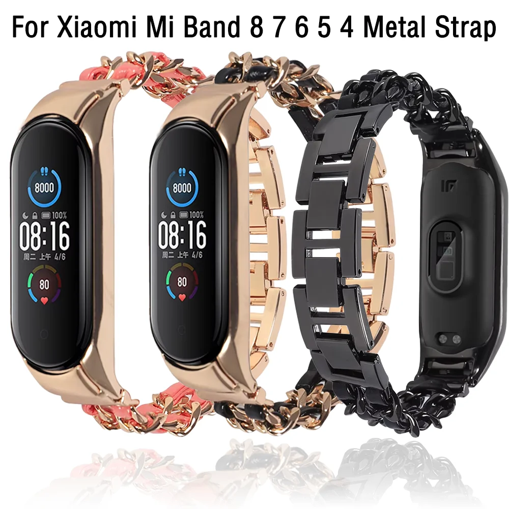 

Металлический + кожаный ремешок для Xiaomi Mi Band 8 7 6 5 4 3, браслет из нержавеющей стали Miband 8, ремешок для часов Xiaommi Mi Band 7 6, браслет