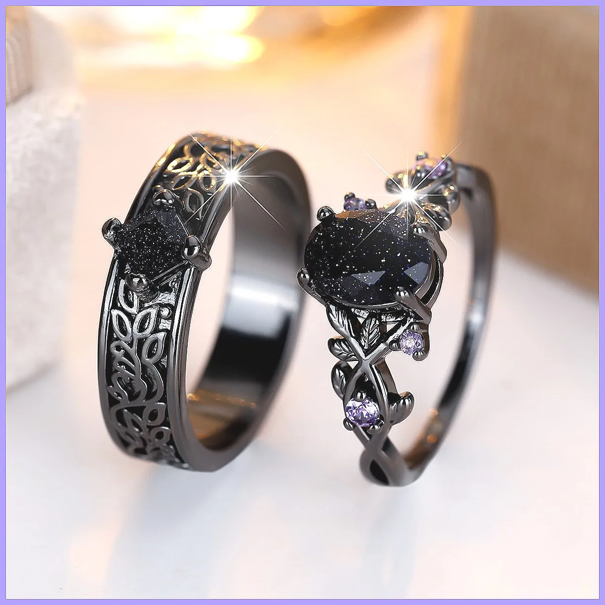 Black Gold Egg-Shaped Blue Crystal Sand Ring Set, Vintage Leaf Design with Zircon